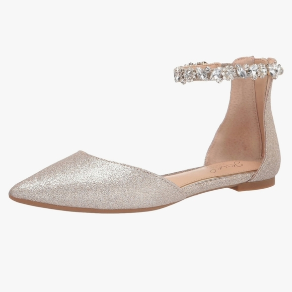 Badgley Mischka Jewel Cassidy Gold Glitter Rhinestone Ankle Strap Flat - Picture 2 of 5